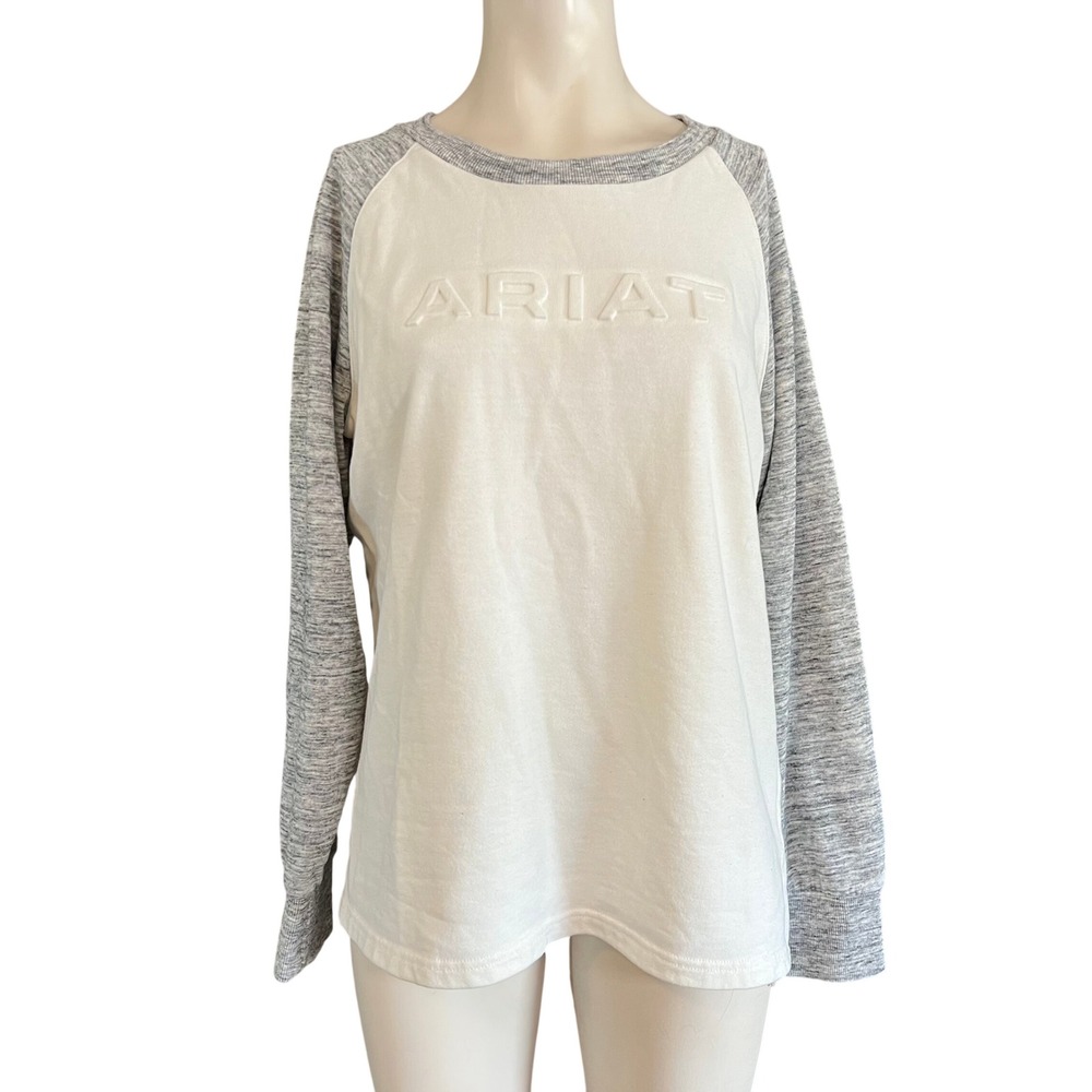 Ariat REAL Women Large Cream Grey Raglan Embossed Logo French Terry Sweatshirt